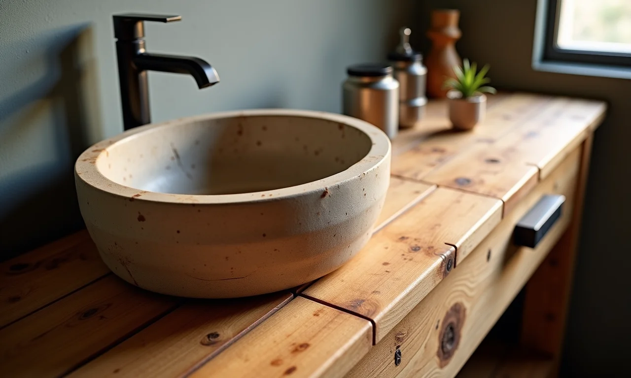 Armário de pia de pallet com acabamento rústico.