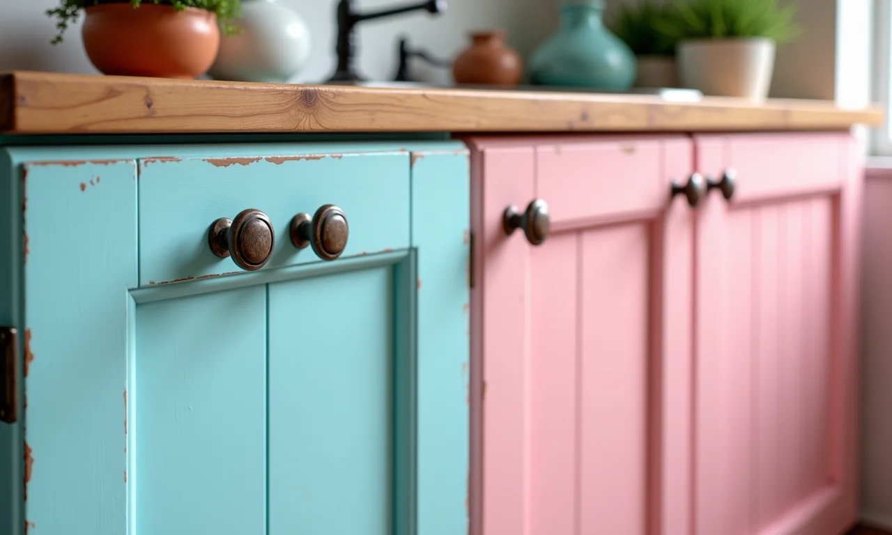 Armários de cozinha em tons pastel de azul e rosa com detalhes vintage.