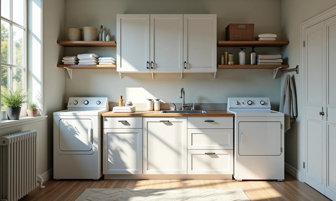 Armários modulares organizando produtos de limpeza na lavanderia.
