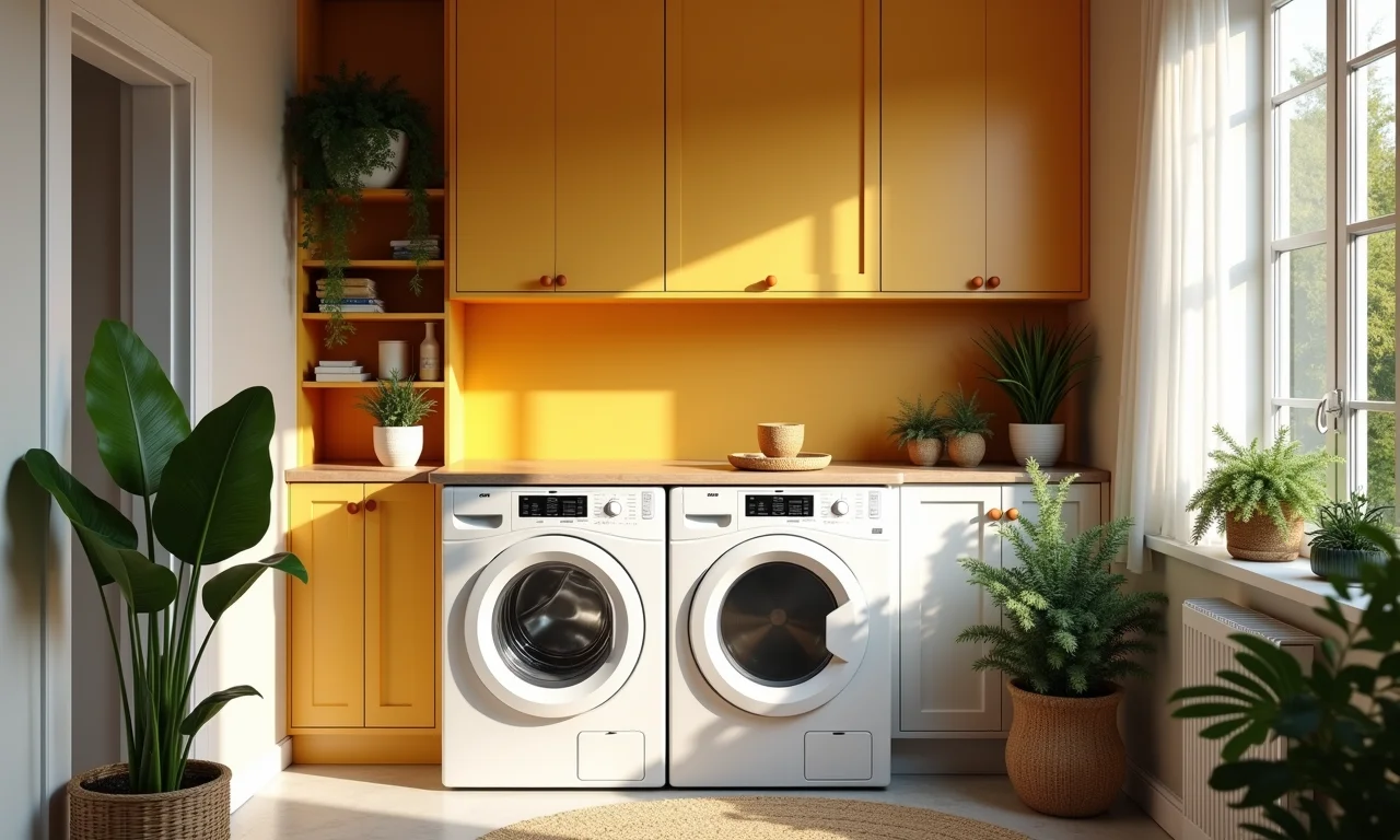 Armários suspensos em uma lavanderia pequena, oferecendo mais espaço de armazenamento.