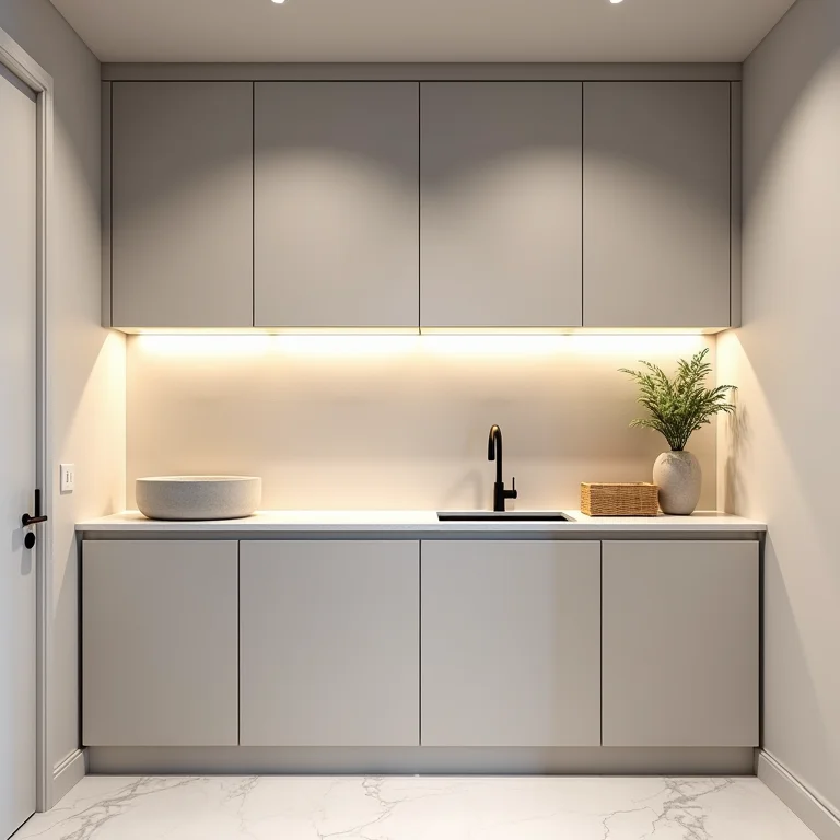 Armários suspensos organizando uma área de serviço pequena.