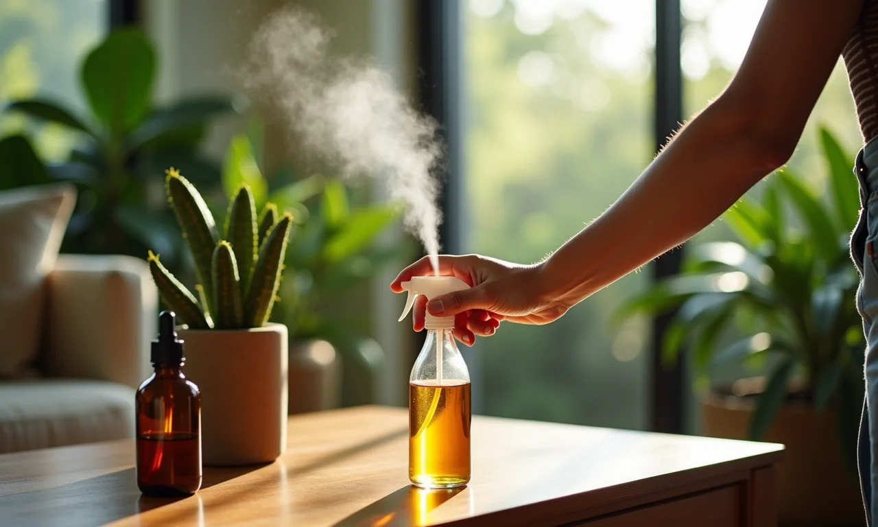 Arquiteta borrifando mistura de vinagre e óleo essencial.