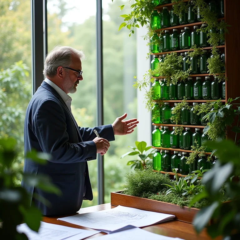 Arquiteta explicando o design de um jardim vertical de PET.