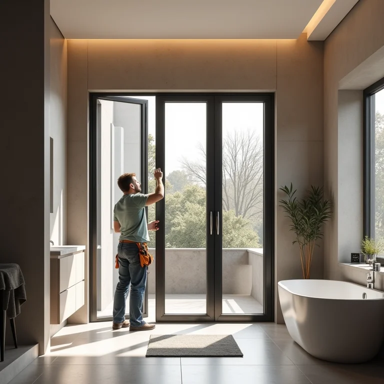 Arquiteto instalando porta sanfonada de PVC