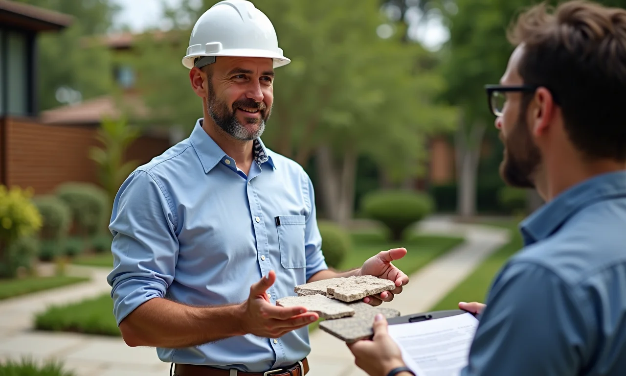 Arquiteto mostrando amostras de pedra Goiás para cliente em área externa.