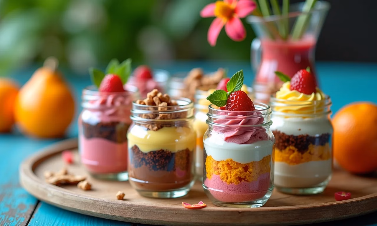 Arranjo de mesa vibrante com sobremesas em potes de vidro.