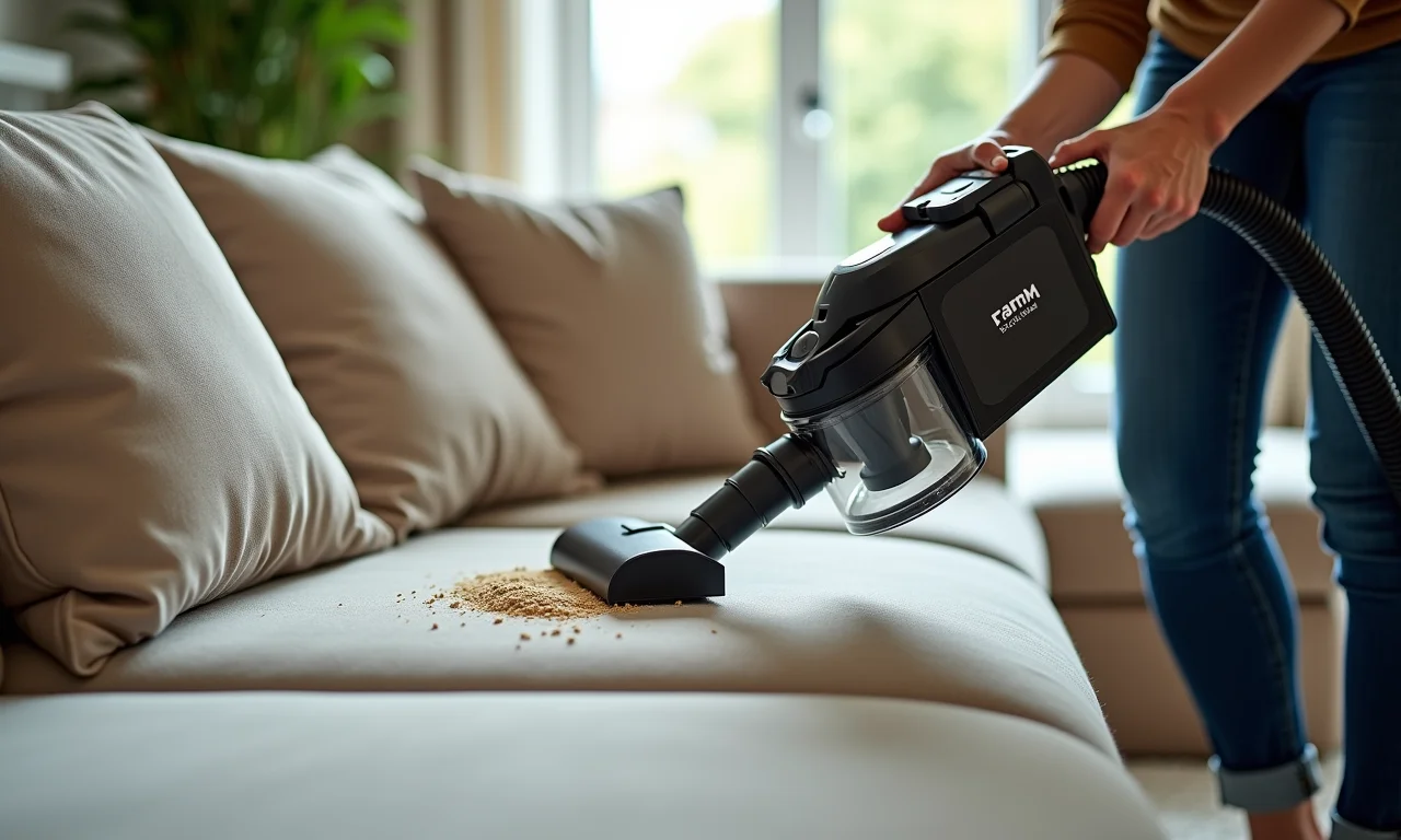 Aspirando o sofá de tecido antes da limpeza.