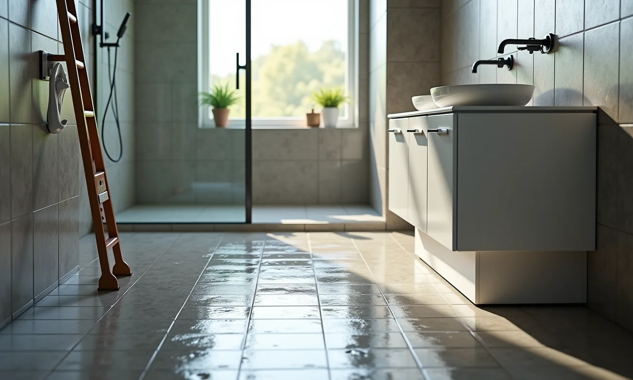 Assoalho à prova d'água sendo instalado em um banheiro de mezanino.