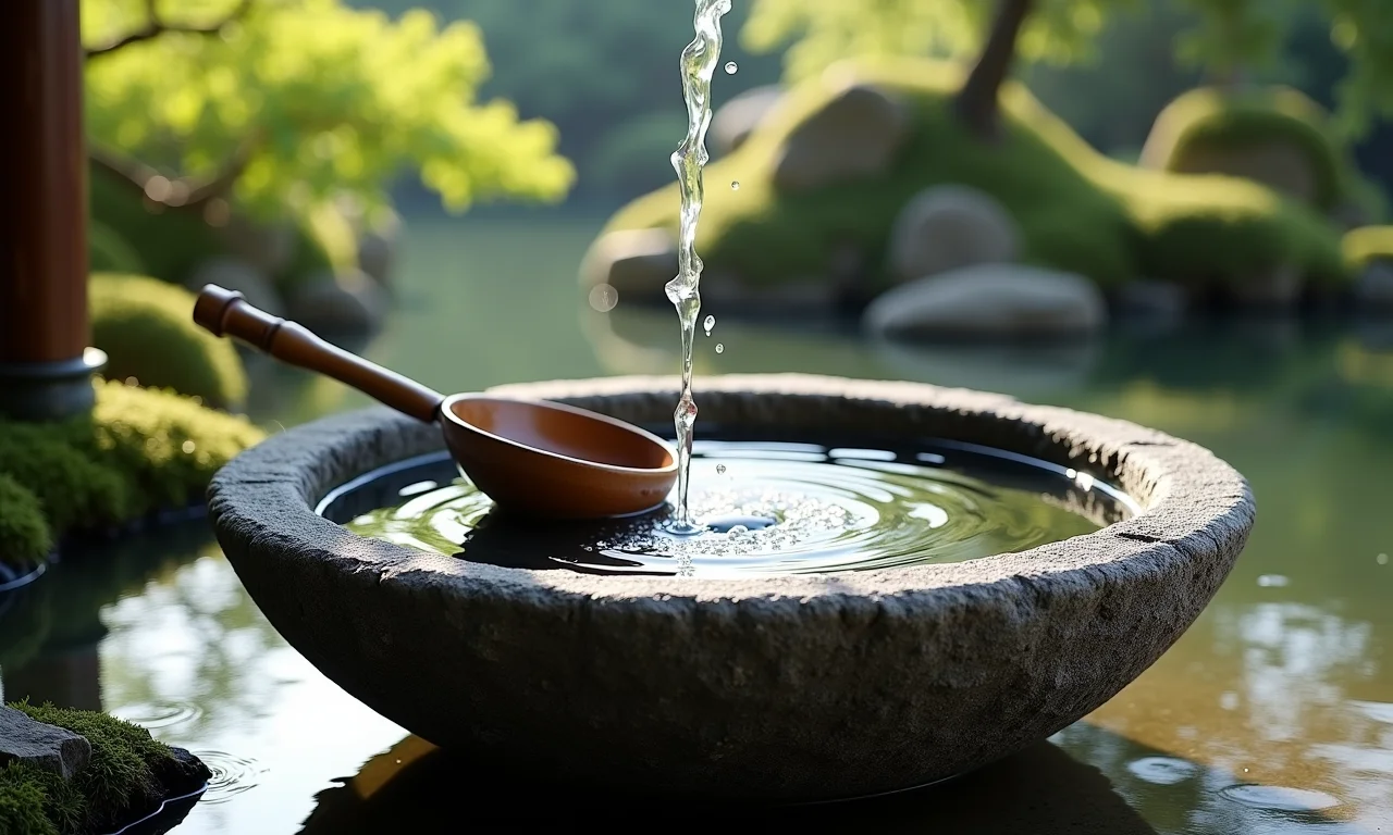 Bacia de pedra (Chōzubachi) em um jardim japonês com água corrente.