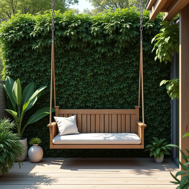 Balanço de madeira confortável perto da horta vertical.