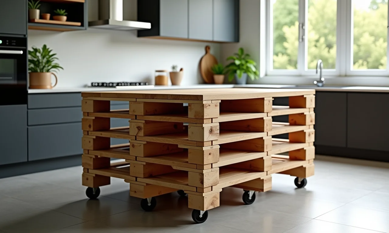 Balcão de cozinha de pallet com rodinhas em cozinha iluminada.