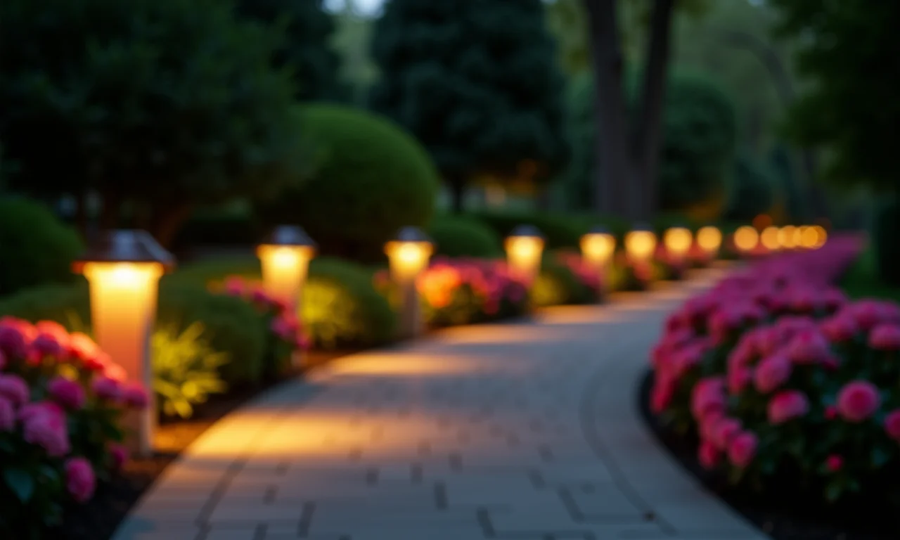 Balizadores de caminho da Ourolux iluminando um caminho florido.