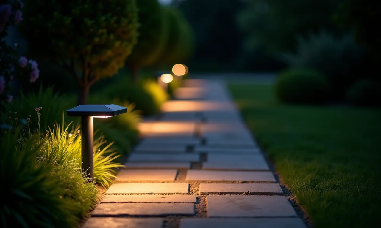Balizadores de caminho modernos iluminando um caminho de pedra no jardim.