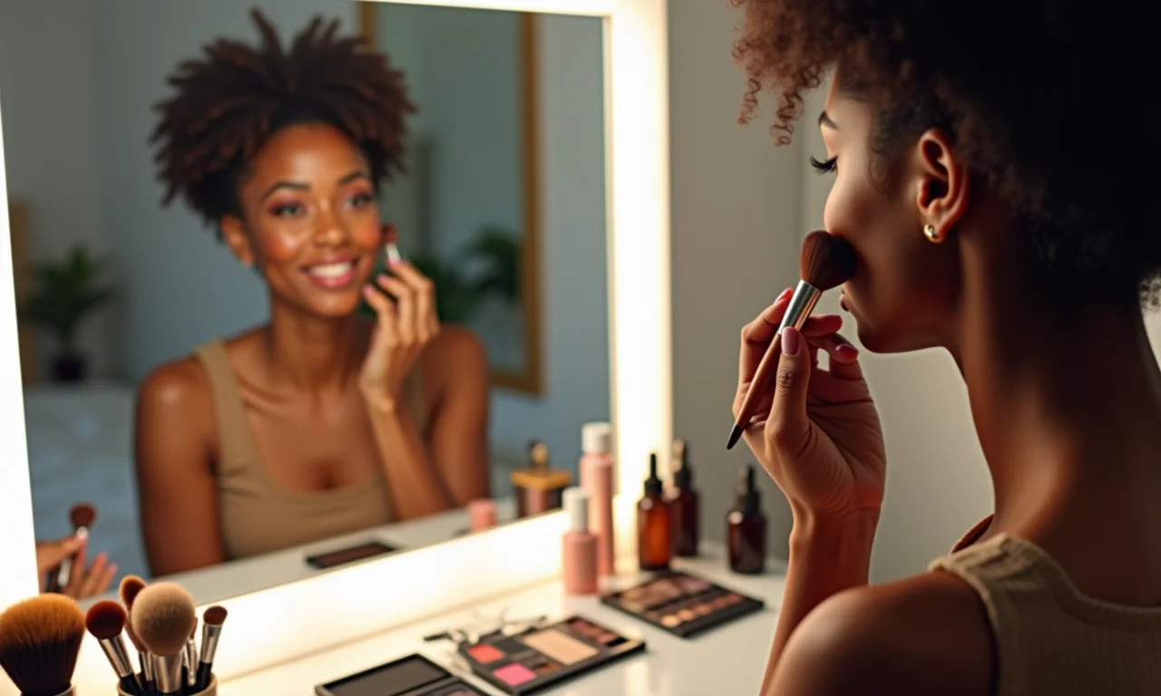 Bancada camarim com iluminação profissional para amantes de maquiagem.