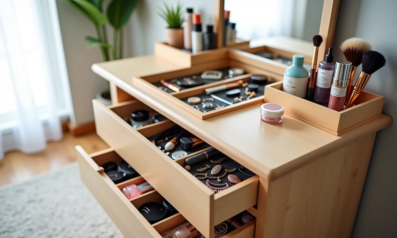 Bancada com gavetas oferecendo organização impecável para acessórios.