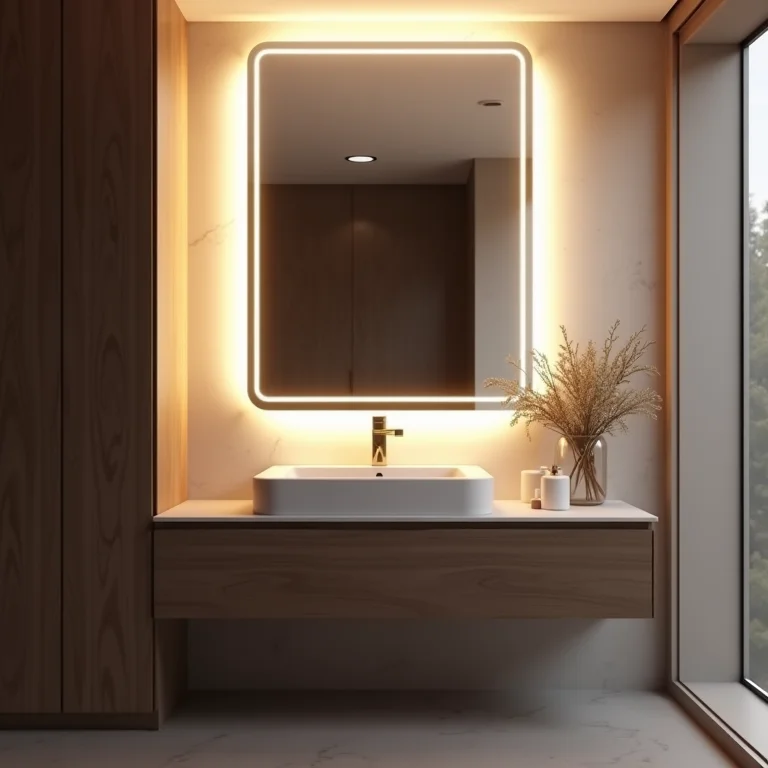 Bancada de banheiro bem iluminada com iluminação integrada e espelho com LED.