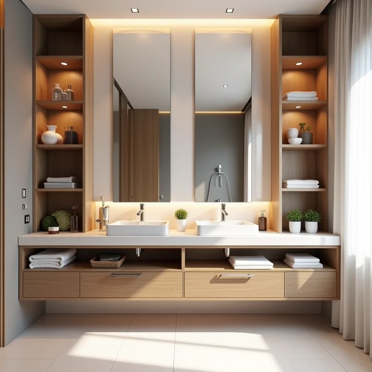 Bancada de banheiro bem organizada com gavetas, prateleiras e compartimentos.