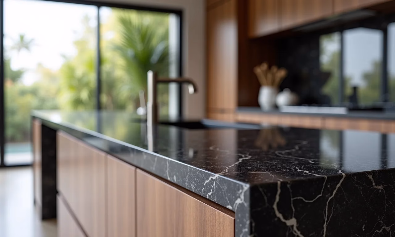 Bancada de cozinha elegante com granito preto São Gabriel.