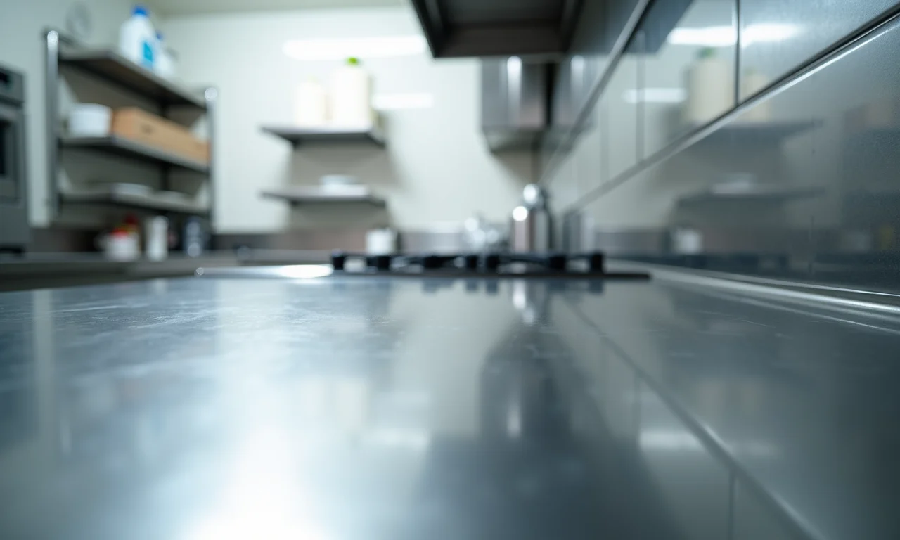 Bancada de inox impecável, refletindo higiene e limpeza.