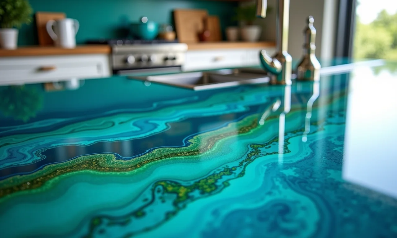 Bancada de resina epóxi com cores vibrantes.