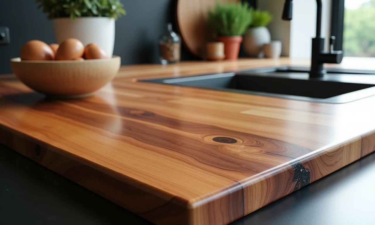 Bancada de resina epóxi com efeito amadeirado.