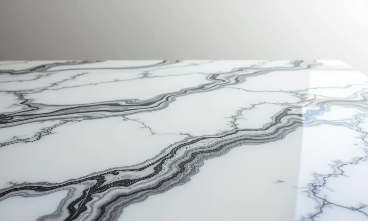 Bancada de resina epóxi com efeito marmorizado.