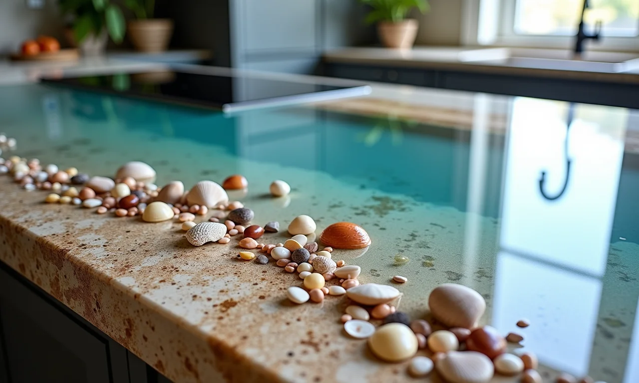 Bancada de resina epóxi com objetos incorporados.