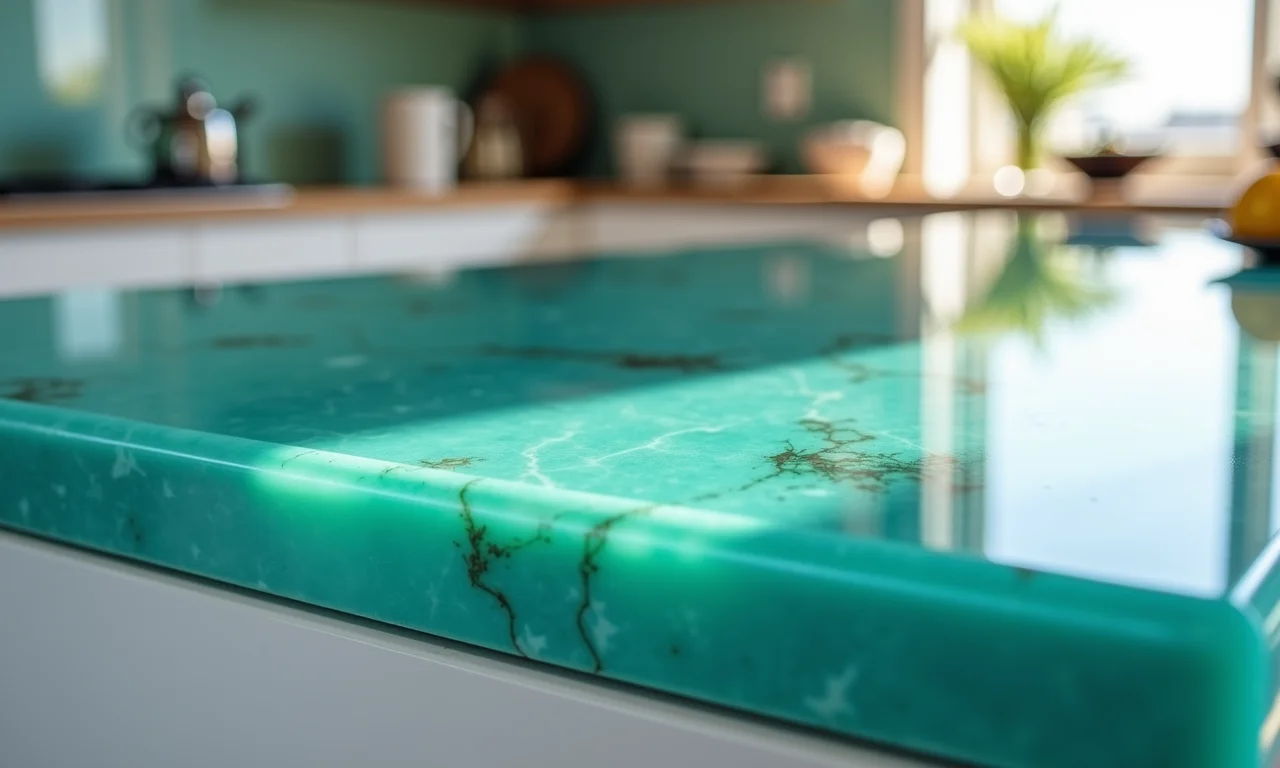 Bancada de vidro colorida adicionando personalidade à cozinha.