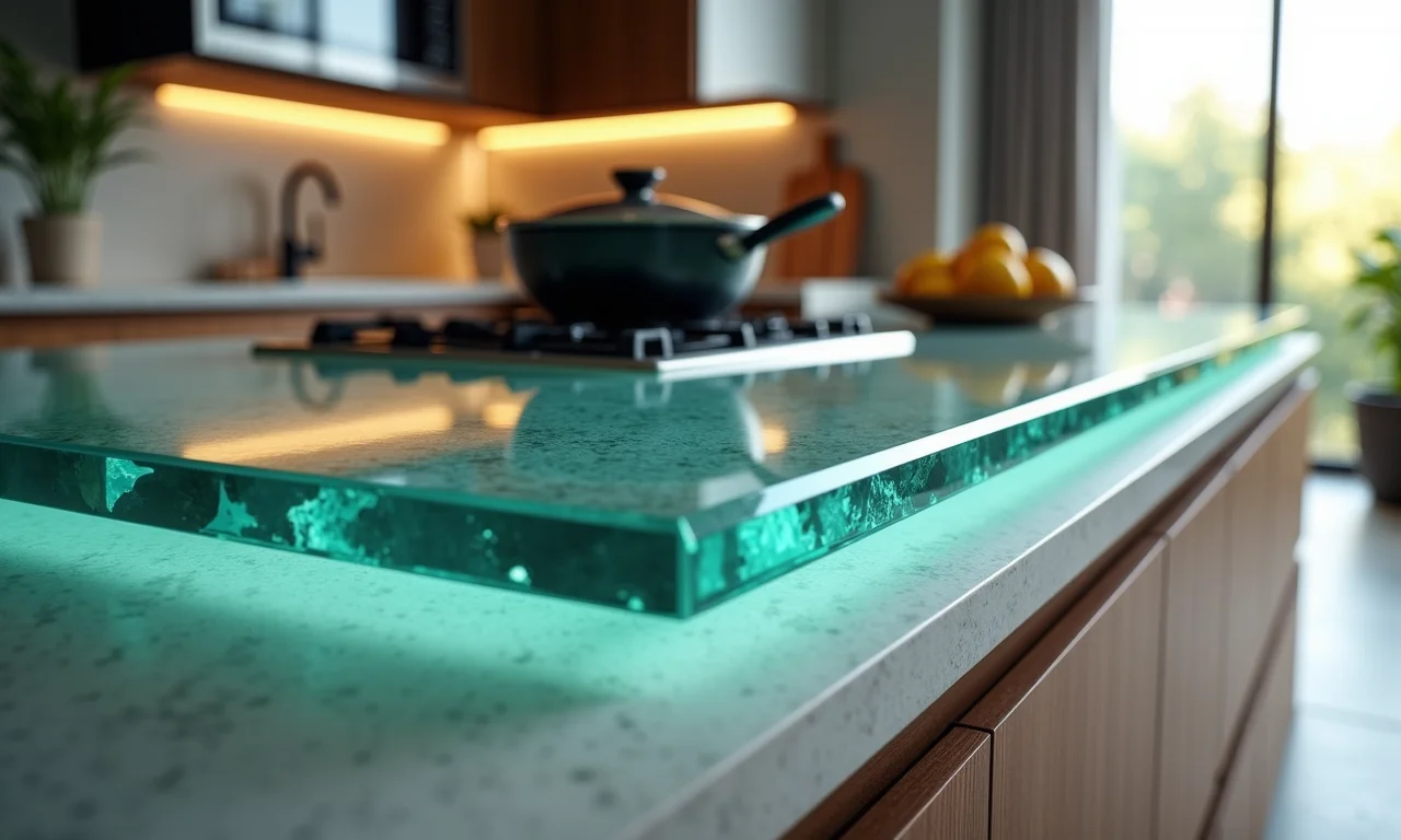 Bancada de vidro reforçada suportando eletrodomésticos pesados.