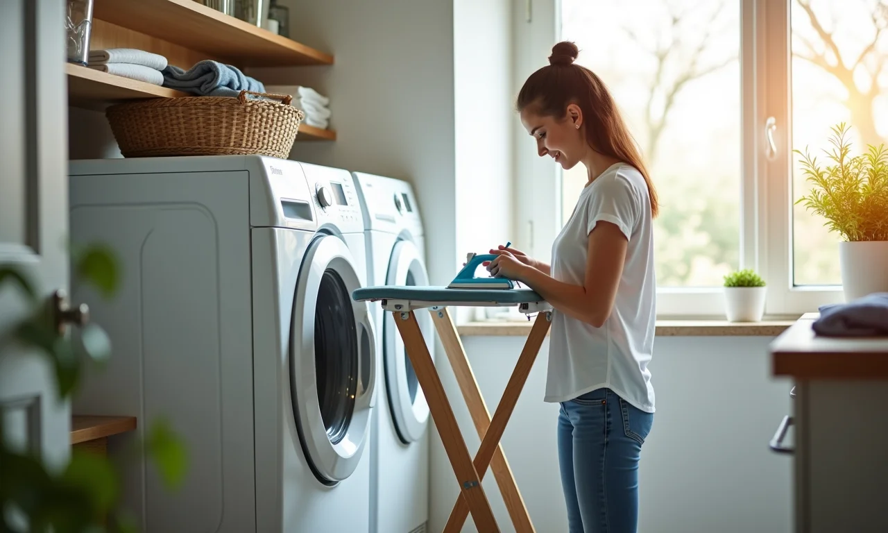 Bancada dobrável facilitando a passadoria na lavanderia.