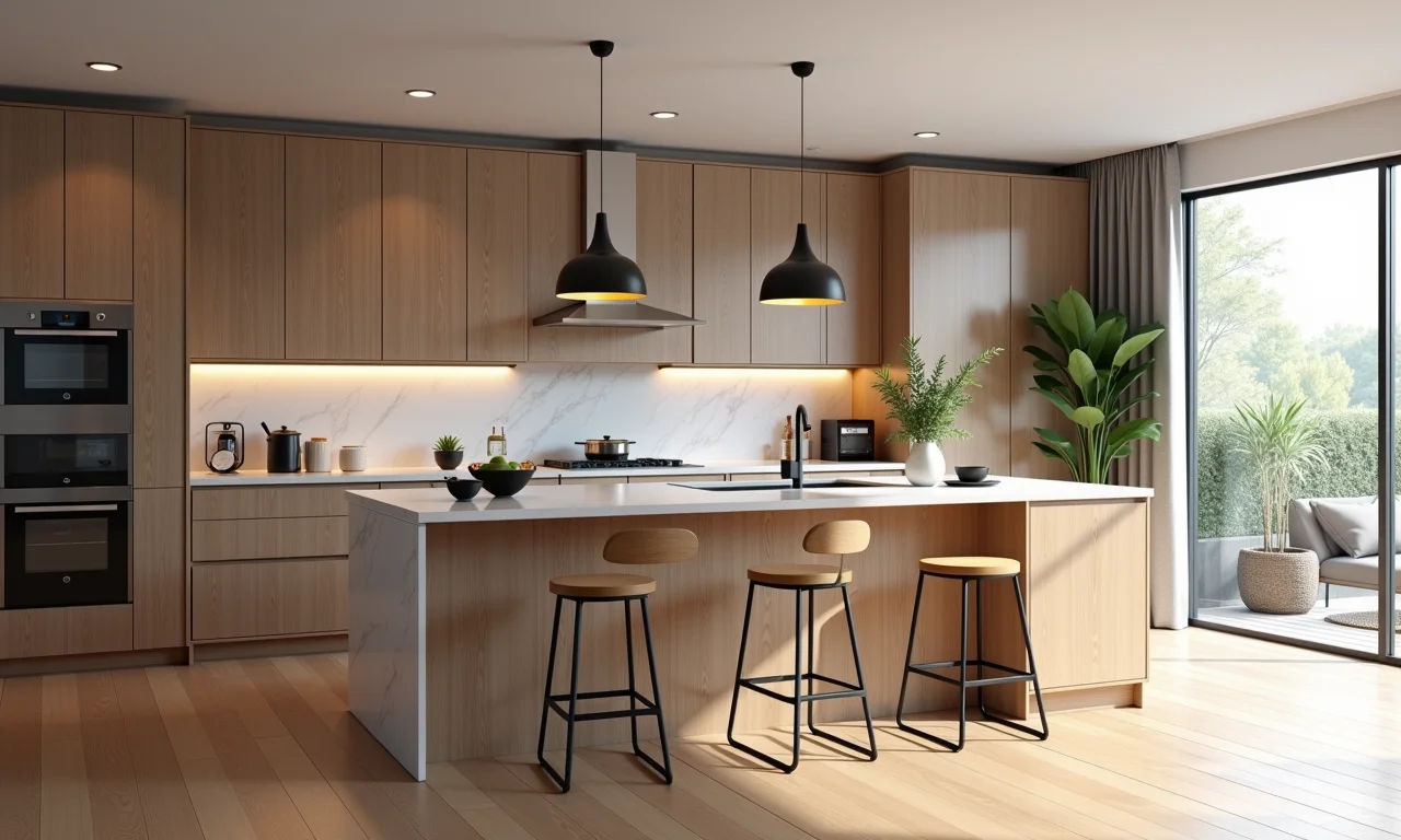 Bancada multifuncional de cozinha gourmet com banquetas.