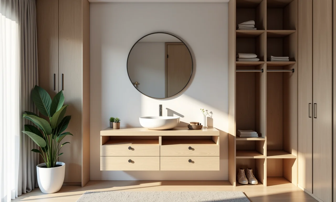 Bancada suspensa em closet moderno com design minimalista.