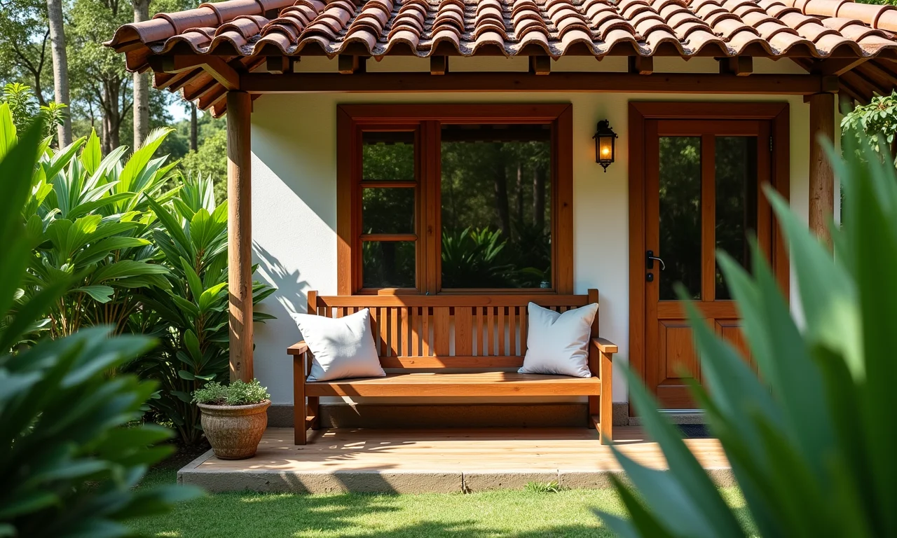 Banco de jardim aconchegante em casa térrea.