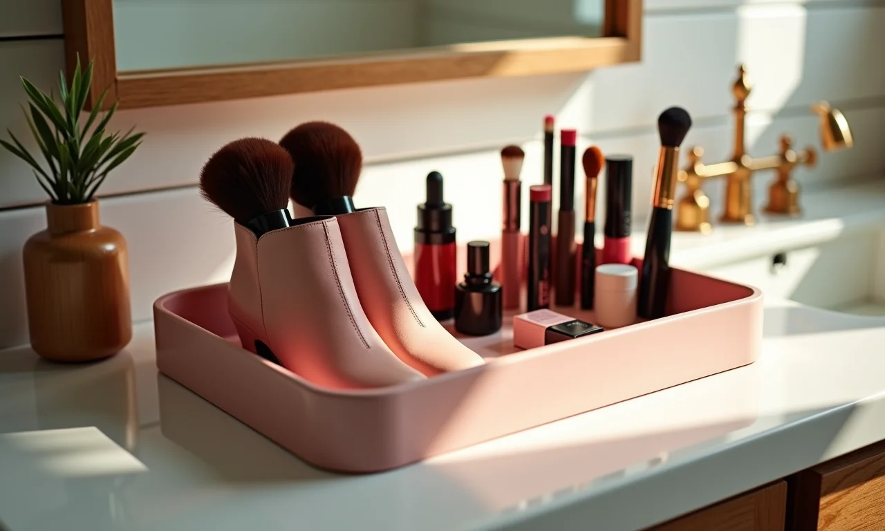 Bandeja organizadora de maquiagem feita de caixa de sapato.