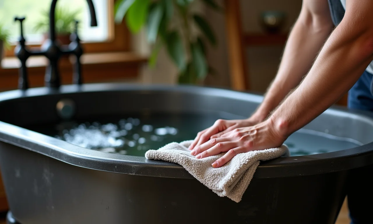 Banheira de ferro fundido sendo limpa, demonstrando sua resistência e durabilidade.