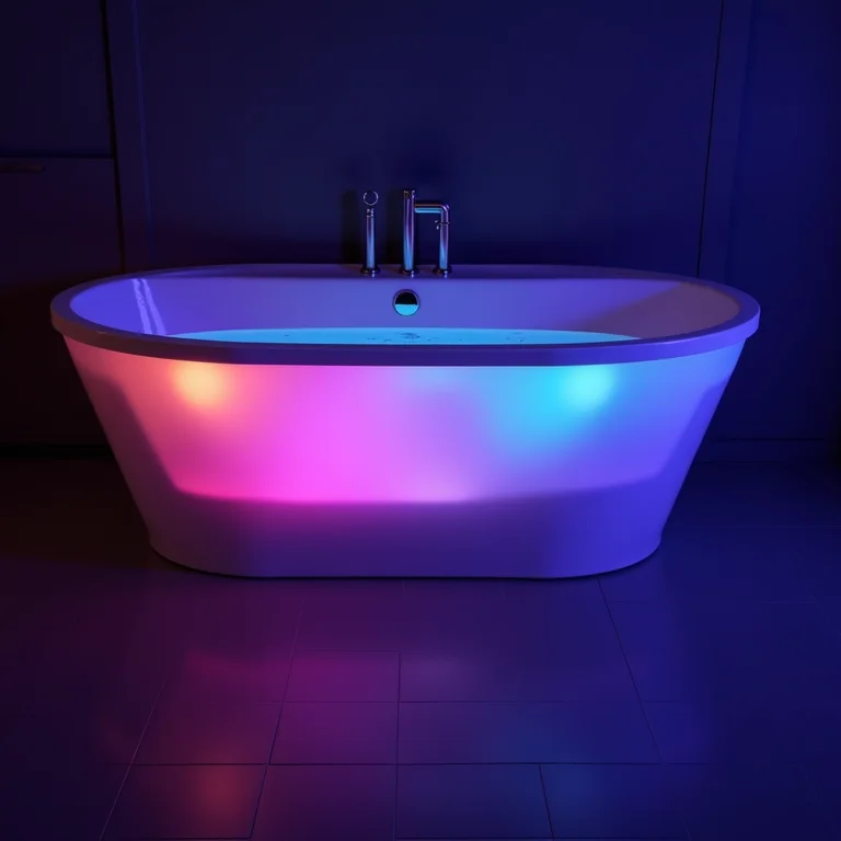 Banheira de hidromassagem com cromoterapia, exibindo luzes coloridas na água