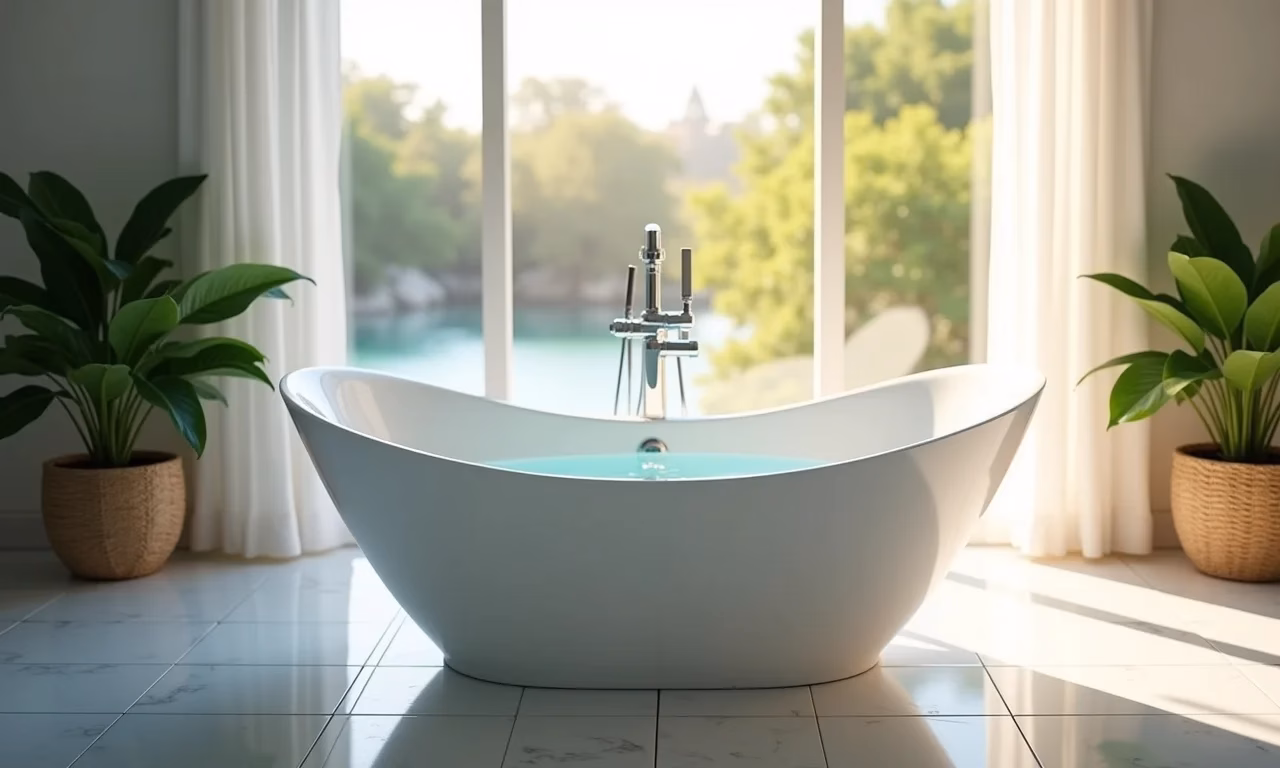 Banheira de imersão impecável em banheiro moderno com decoração vibrante e relaxante.