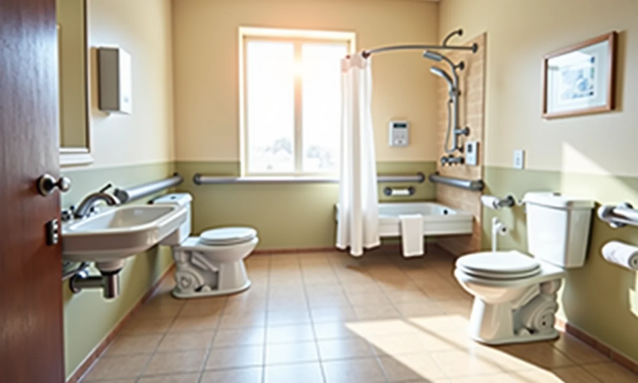 Banheiro acessível com barras de apoio e piso antiderrapante.