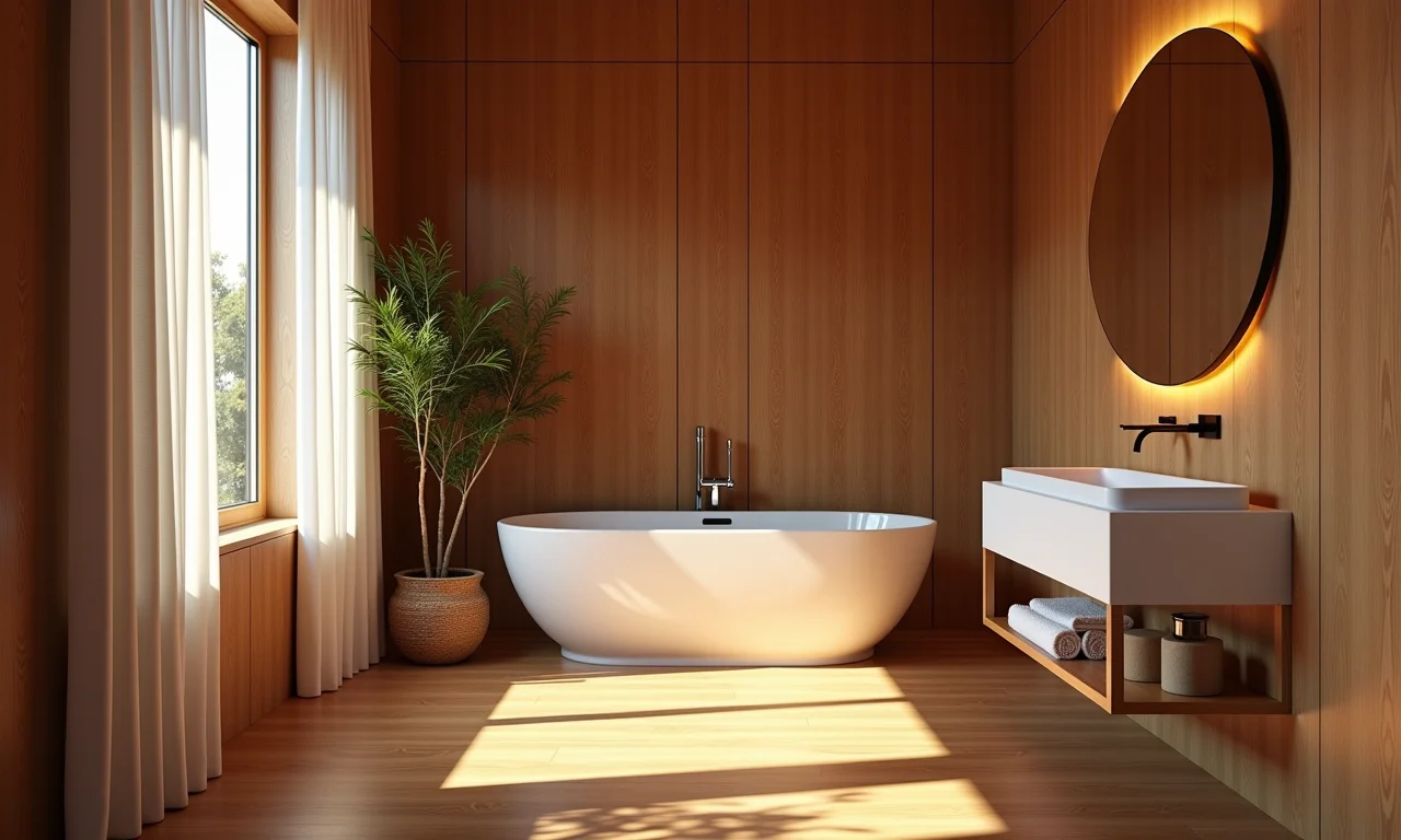 Banheiro aconchegante com painéis de madeira.