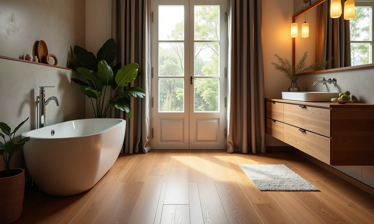 Banheiro aconchegante com piso vinílico imitando madeira.