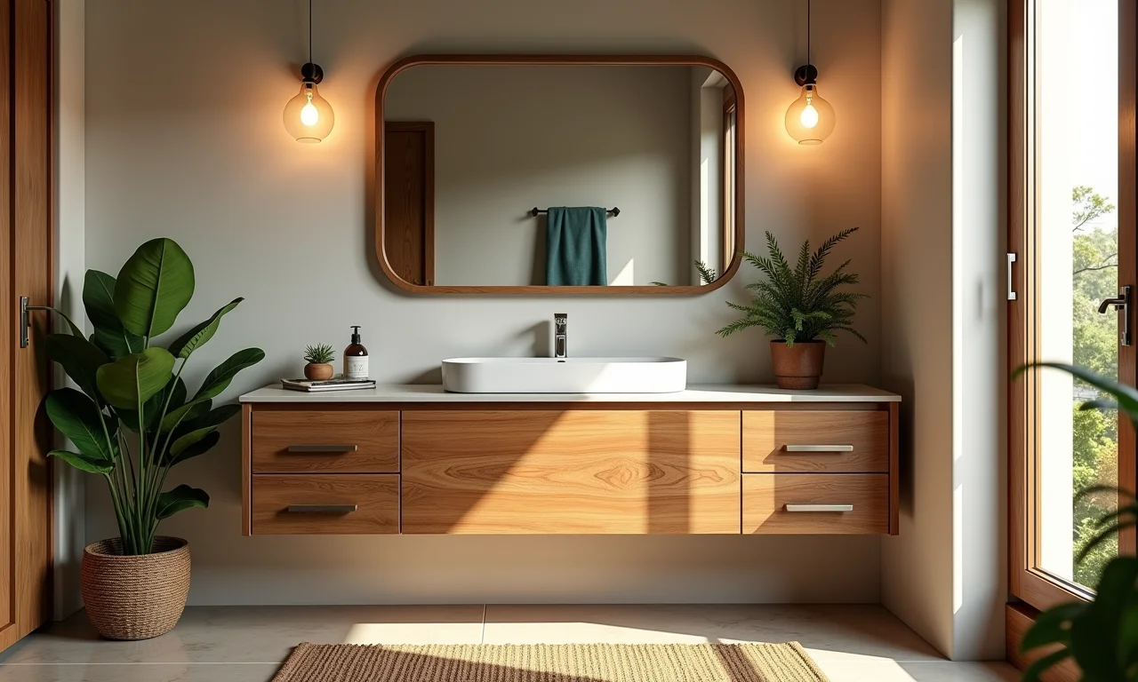 Banheiro aconchegante e natural com gabinete de madeira 60x40.