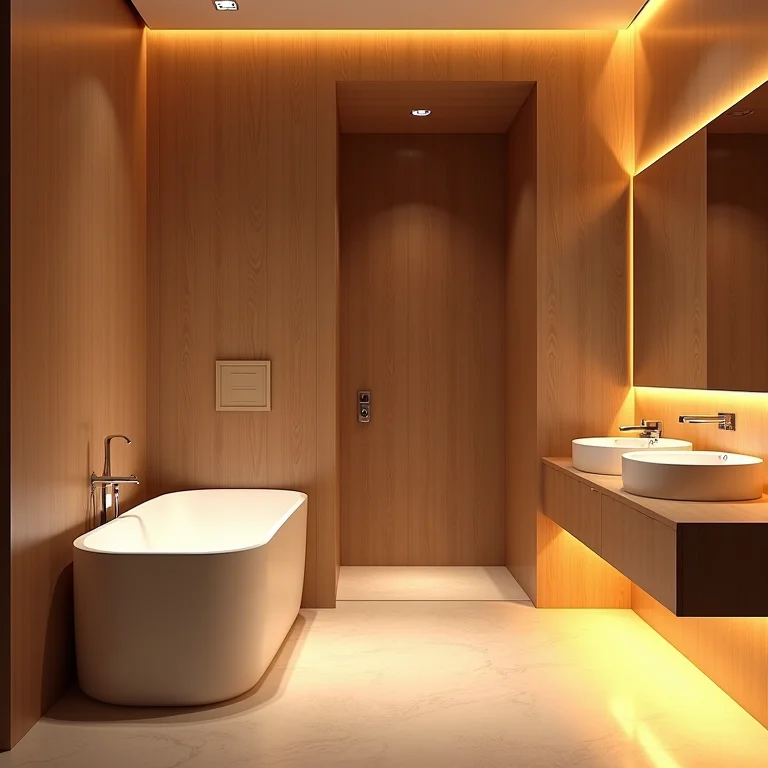 Banheiro amadeirado com iluminação aconchegante