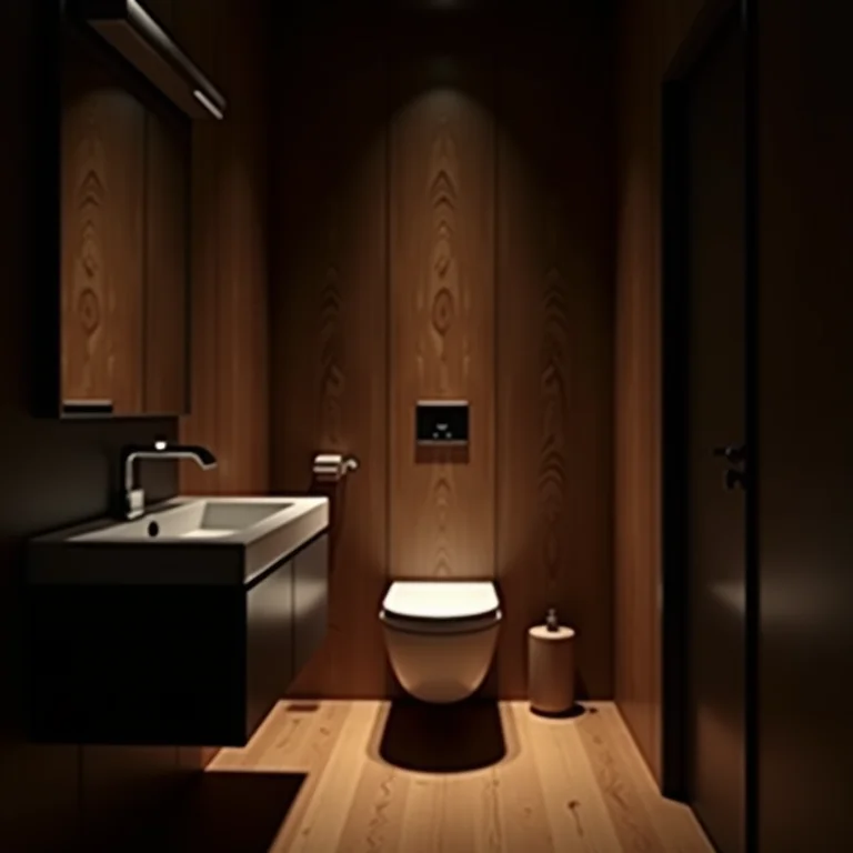 Banheiro amadeirado com iluminação inadequada