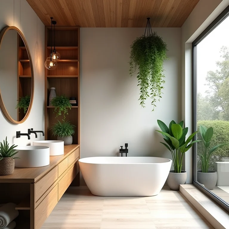Banheiro amadeirado com plantas e toque natural