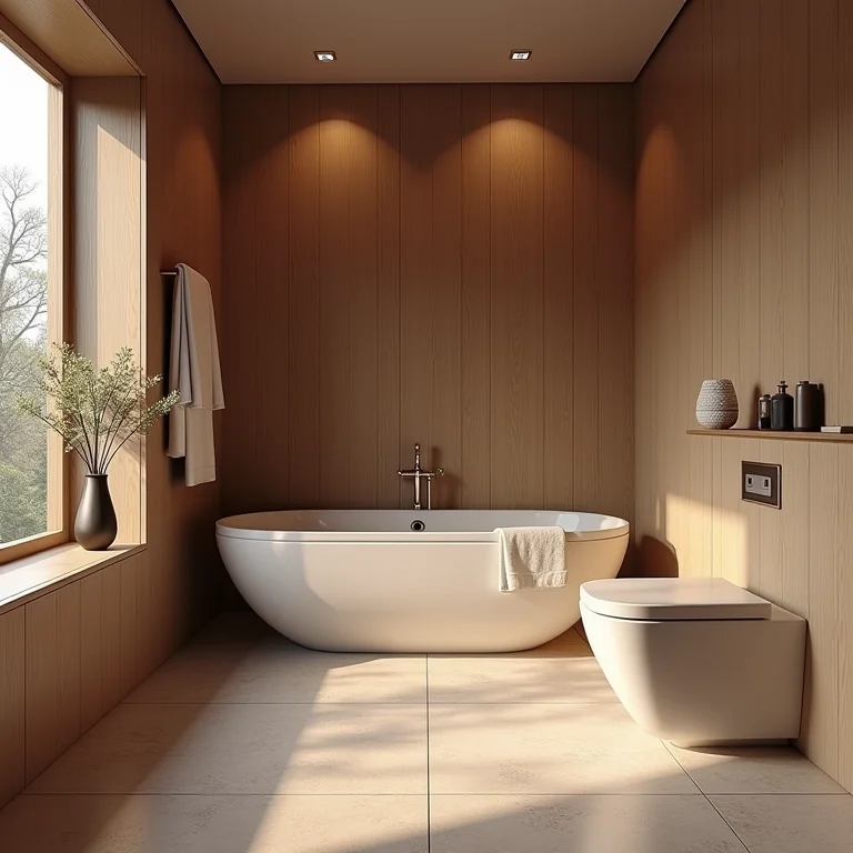 Banheiro amadeirado com porcelanato elegante