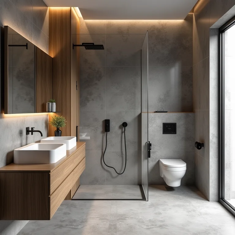 Banheiro amadeirado com tons de cinza moderno