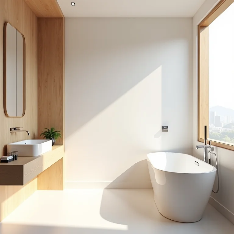 Banheiro amadeirado moderno com banheira minimalista