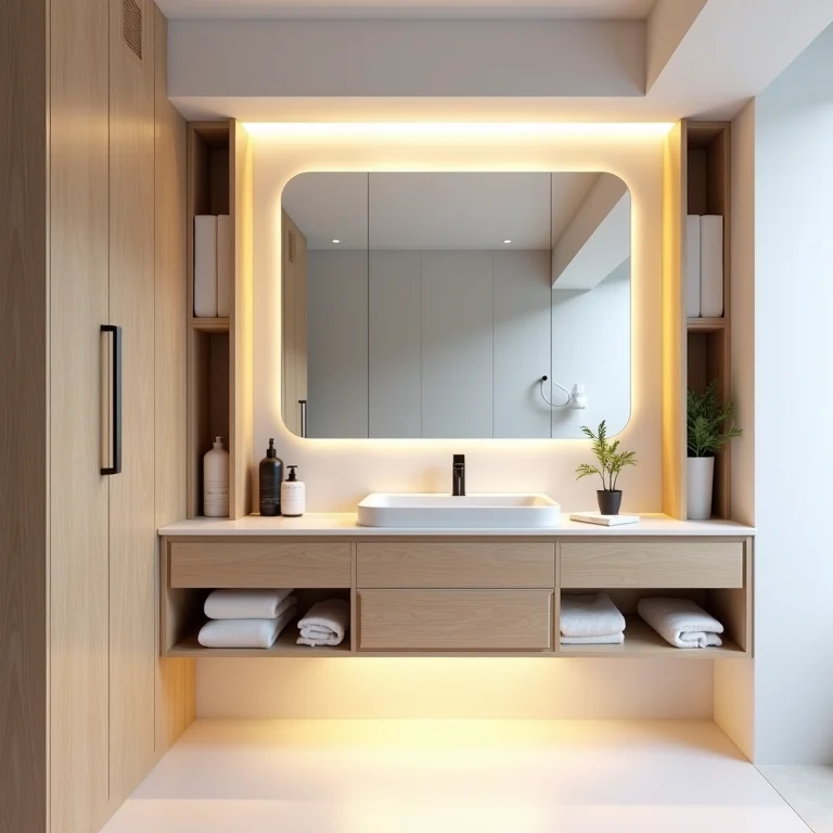 Banheiro amadeirado pequeno com design inteligente