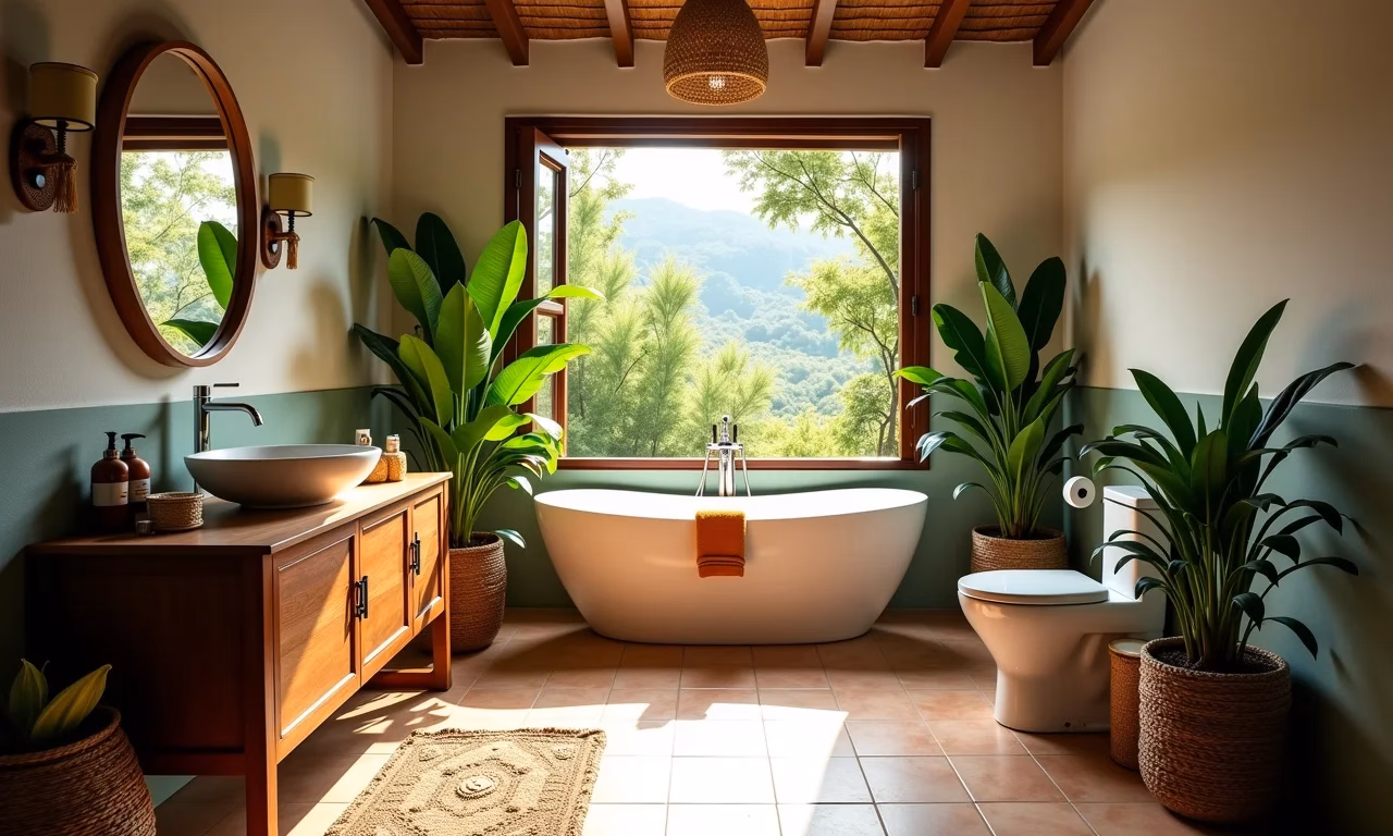 Banheiro brasileiro aconchegante com decoração Farm Rio.