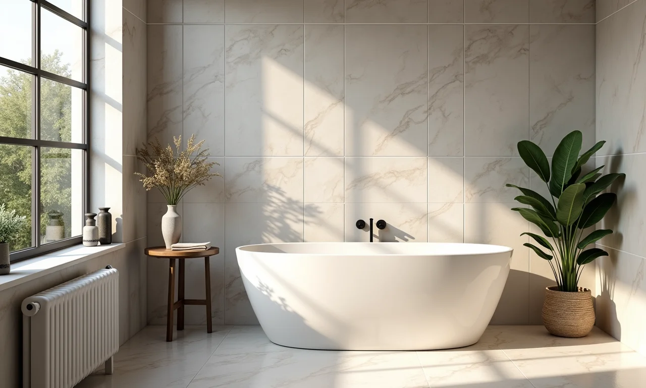 Banheiro clássico com cerâmica clara e decoração brasileira.